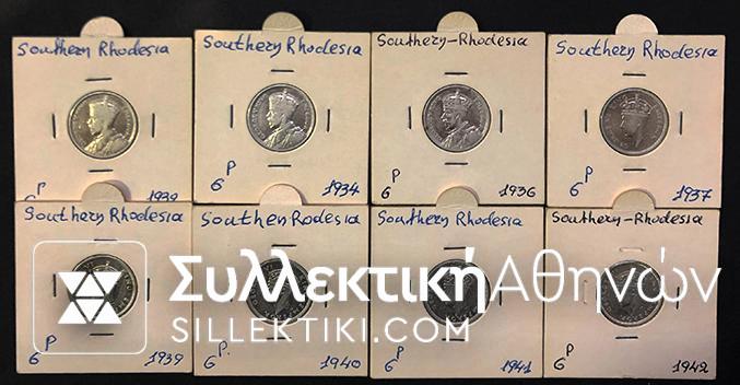RHODESIA SOUTHERN Lot of 8 Different silver coins